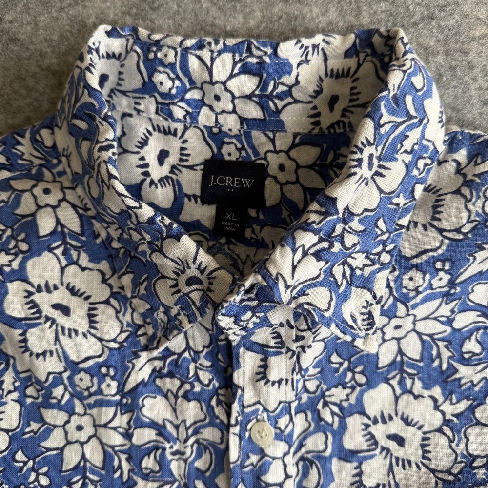 J.Crew Shirt Mens XL Blue White Floral Linen Button Up Short Sleeve Casual AOP